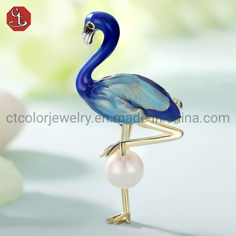 Fashion Jewelry Enmael OEM Blue Flamingo Natural Pearl 925 Silver Jewelry Gift Designer Brooch