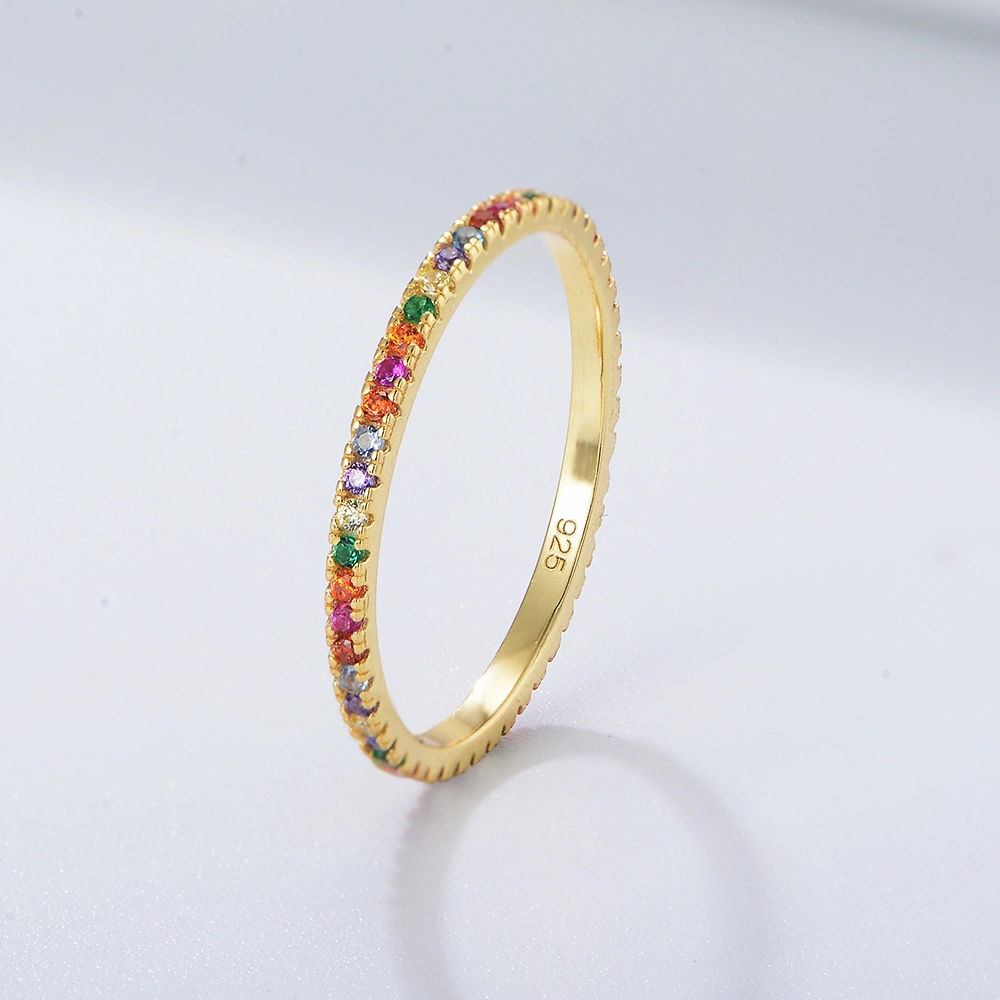 S925 Sterling Silver Gold Plated Women Ring Fine Jewelry Rainbow Zirconia CZ Stackable Band Ring